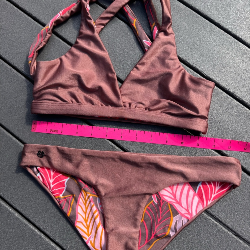 Maaji Brown and Pink Bikini Set with Tropical Print reversable size medium